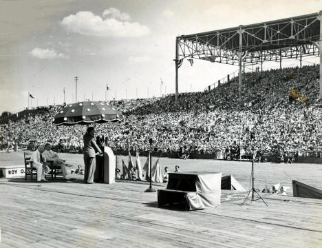 Swedish Crown Prince Gustaf Adolf speaking at the Minnesota State Fairgrounds, 1938