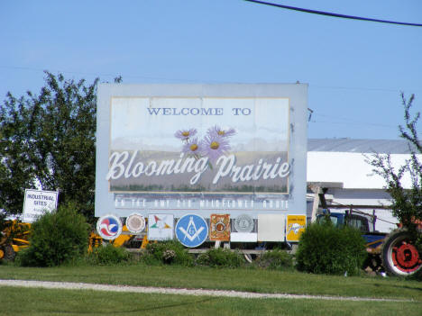 Welcome sign on south end of town, Blooming Prairie Minnesota, 2010
