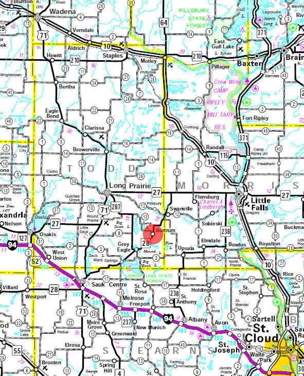 Minnesota State Highway Map of the Burtrum Minnesota area