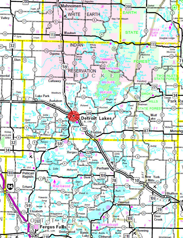 Minnesota State Highway Map of the Detroit Lakes Minnesota area
