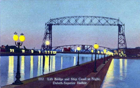 Aerial Lift Bridge and Ship Canal at Night, Duluth Minnesota, 1940's?