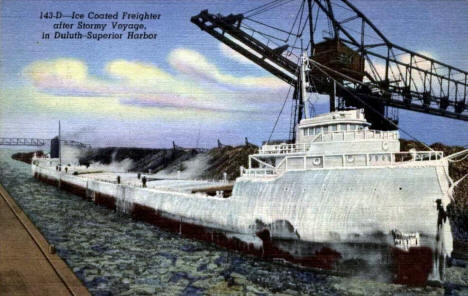 Ice Coated Freighter entering Duluth Harbor, 1940's