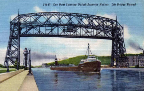 Aerial Bridge and Ore Boat leaving Duluth Superior Harbor, 1950
