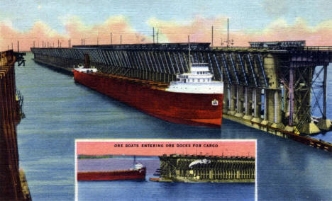 Ore Boats entering Ore Docks in Duluth Minnesota, 1937