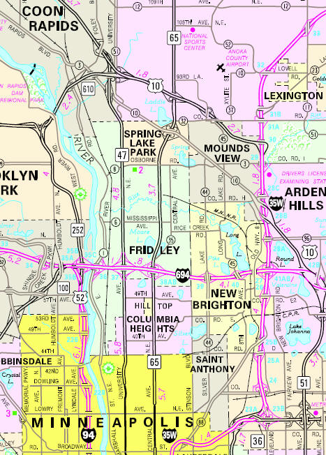 Minnesota State Highway Map of the Fridley Minnesota area