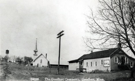 Goodhue Creamery with St. Luke Lutheran Church in background, Goodhue Minnesota, 1914