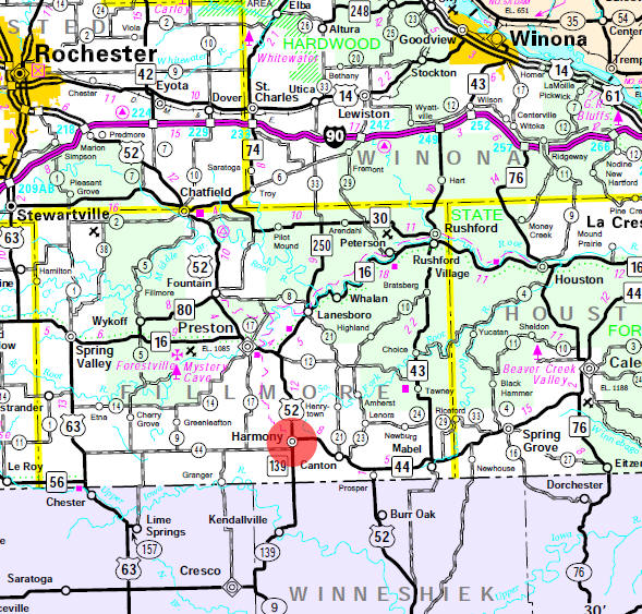 Minnesota State Highway Map of the Harmony Minnesota area