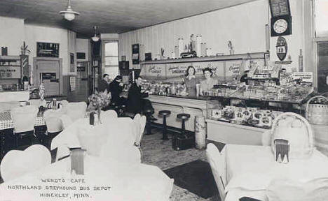 Wendt's Cafe and Northland Greyhound Bus Depot in Hinckley Minnesota, 1940's?
