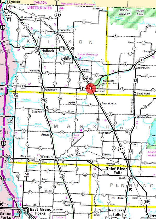 Minnesota State Highway Map of the Karlstad Minnesota area