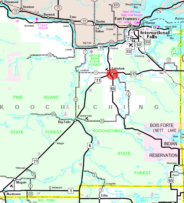 Minnesota State Highway Map of the Littlefork Minnesota area