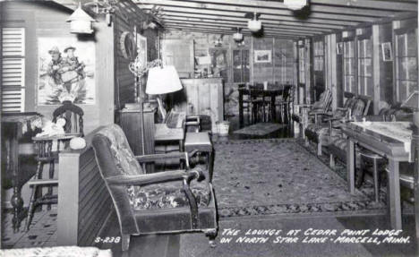 The Lounge at Cedar Lake Lodge on North Star Lake, Marcell Minnesota, 1940