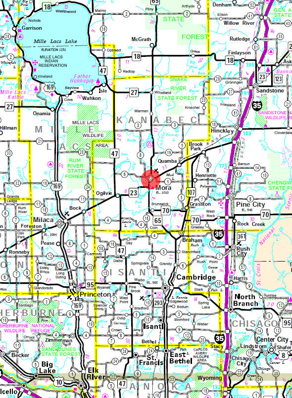 Minnesota State Highway Map of the Mora Minnesota area