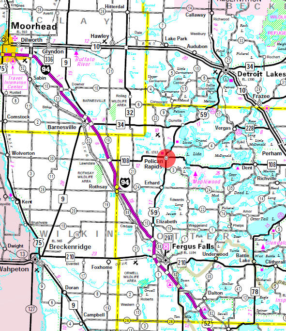 Minnesota State Highway Map of the Pelican Rapids Minnesota area