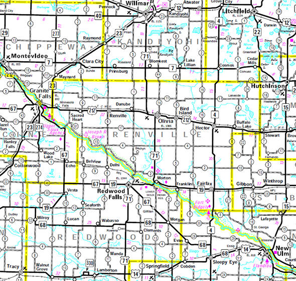 Minnesota State Highway Map of the Renville County Minnesota area