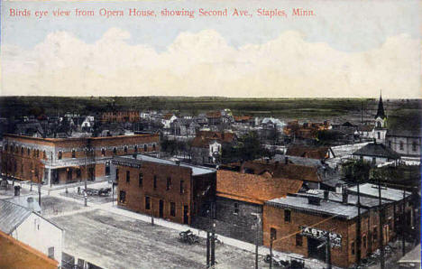 Birds eye view from Opera House showing 2nd Avenue, Staples Minnesota, 1909