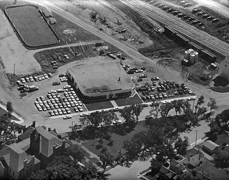 Aerial view of Nelson Motor Company, Warren Minnesota, 1963