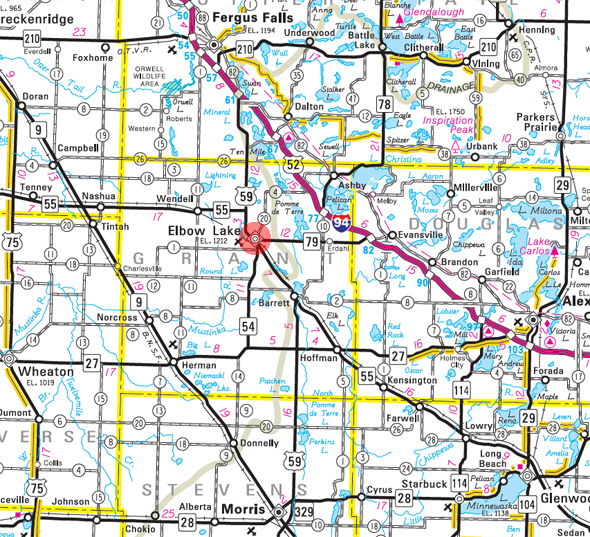 Minnesota State Highway Map of the Elbow Lake Minnesota area