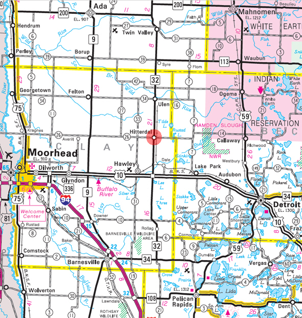 Minnesota State Highway Map of the Hitterdal Minnesota area