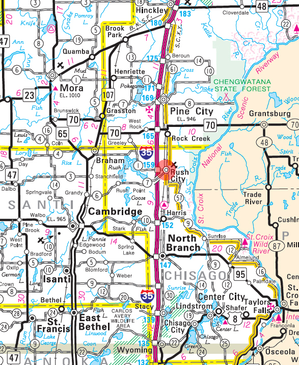 Minnesota State Highway Map of the Rush City Minnesota area 