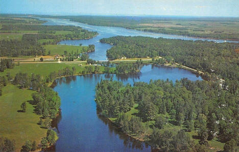 Aerial view of Wabanica Beauty Point, Lake of the Woods, Baudette Minnesota, 1950's