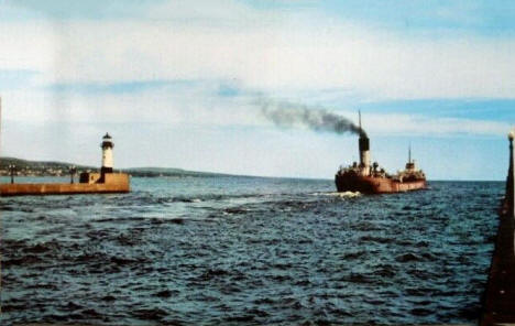 Freighter leaving Duluth Harbor, 1954