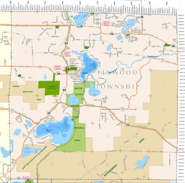 Anoka County Highway Map of the Linwood Township Minnesota area 