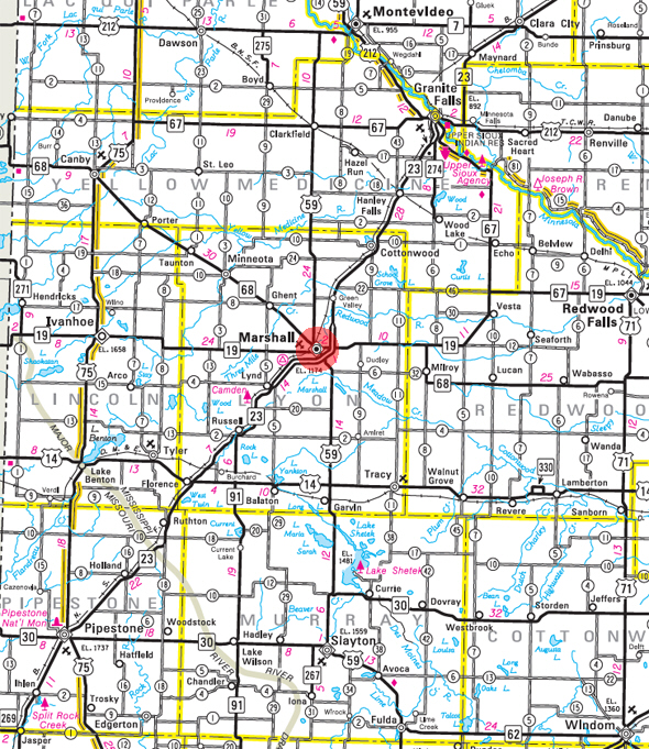 Minnesota State Highway Map of the Marshall Minnesota area