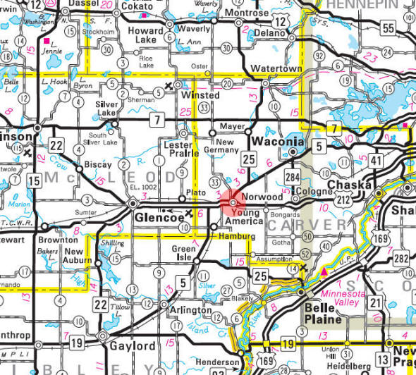 Minnesota State Highway Map of the Norwood Young America Minnesota area 