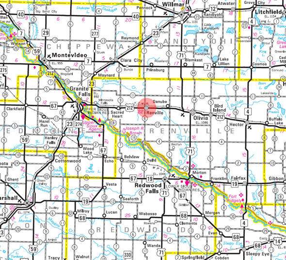 Minnesota State Highway Map of the Renville Minnesota area 