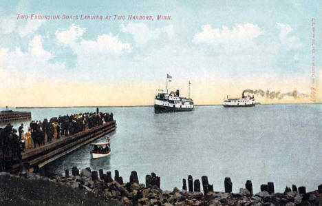 Two excursion boats landing at Two Harbors Minnesota, 1908