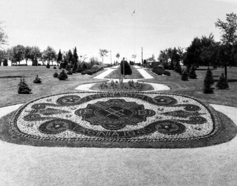 Flower bed honoring the Minnesota State Fire Department Association in Olcott Park, Virginia Minnesota, 1940