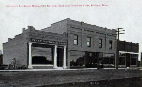 Soderberg and Johnson Block, First National Bank and Furniture Store, Braham Minnesota, 1909