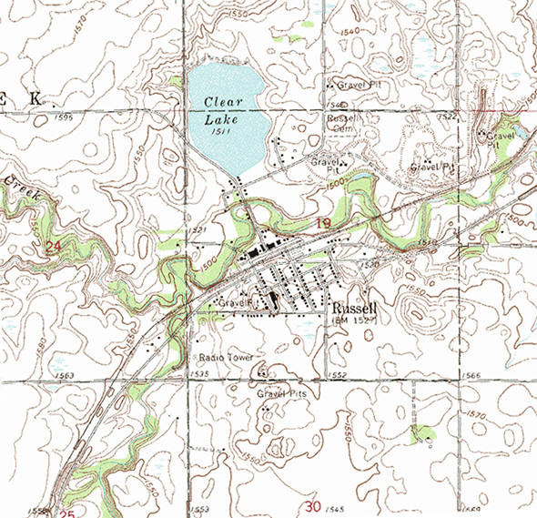 Topographic map of the Russell Minnesota area
