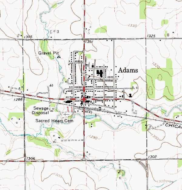 Topographic map of the Adams Minnesota area