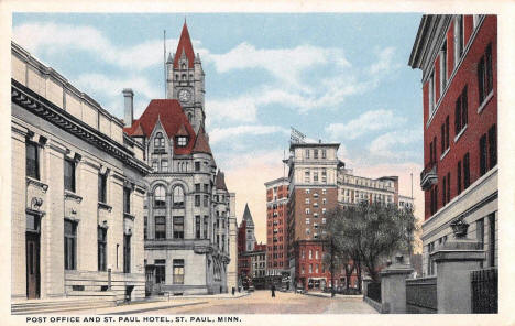 View of W 5th Street showing Post Office and St. Paul Hotel, St. Paul, Minnesota, 1920's