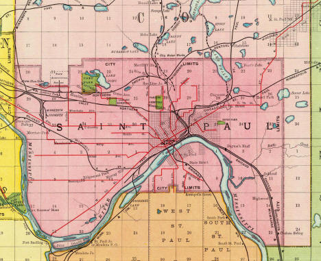 Map of the St. Paul, Minnesota area, includes trolley lines, 1897