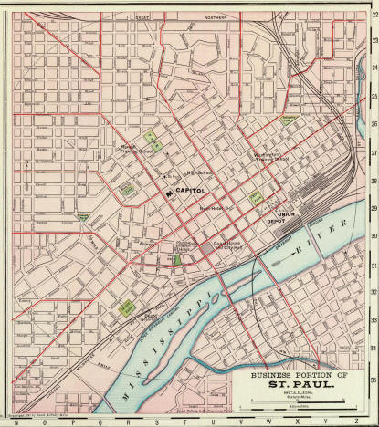 Map of the Downtown St. Paul, Minnesota area, includes trolley lines, 1897