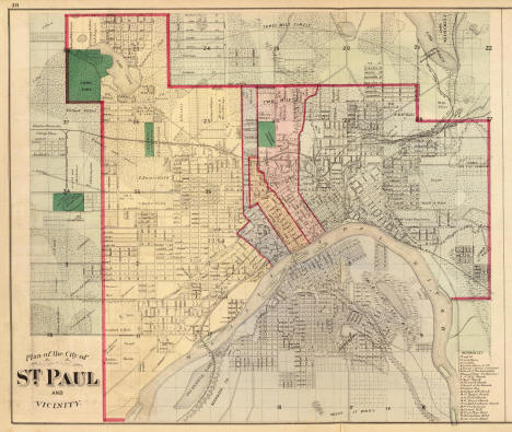 Plan of the City of St. Paul and vicinity with Capitol, Reform School and Post Office and Custom House, 1874