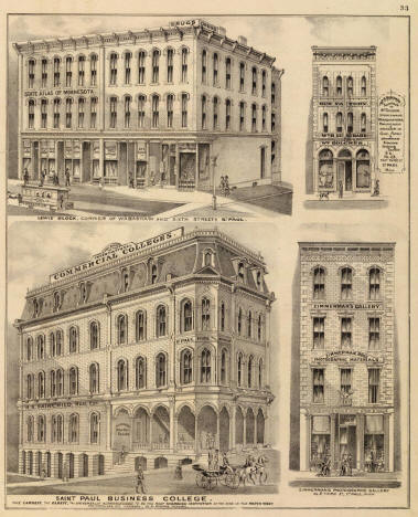 Saint Paul Business College, Lewis' Block, Zimmerman's Photographic Gallery, Wm. R. Burkhard Sportsman's Headquarters, St. Paul, Minnesota, 1874