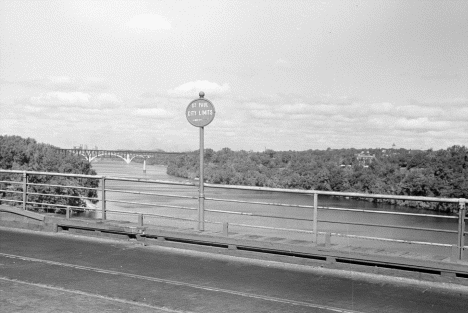 City Limits sign on Lake Street bridge, St. Paul, Minnesota, 1939