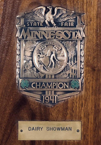 State Fair Champion Dairy Showman plaque, 1941