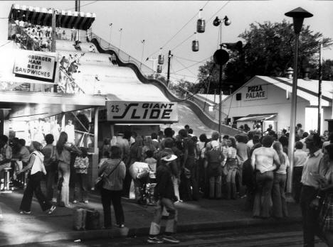 A crowd at the Giant Slide, Minnesota State Fair, 1976