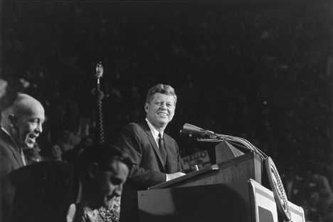 John F. Kennedy (center), Lieutenant Governor Karl Rolvaag (left), and Walter Mondale (below and between them) at the Fairground Coliseum, 1962