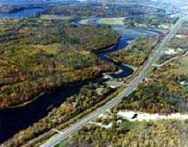 Aerial photo of Pokegama Lake and Dam.