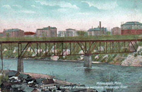 Bohemian Flats, Northern Pacific Railroad Bridge and the University of Minnesota, 1910's
