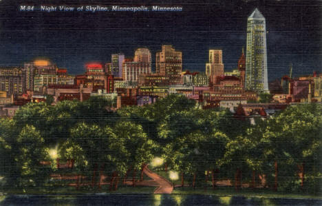 Night View of Skyline, Minneapolis Minnesota, 1941