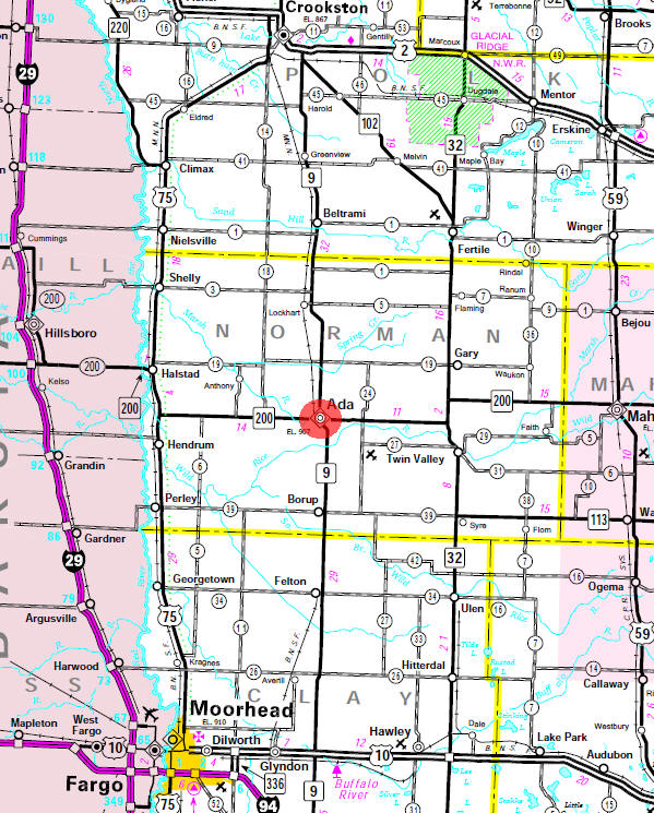 Minnesota State Highway Map of the Ada Minnesota area