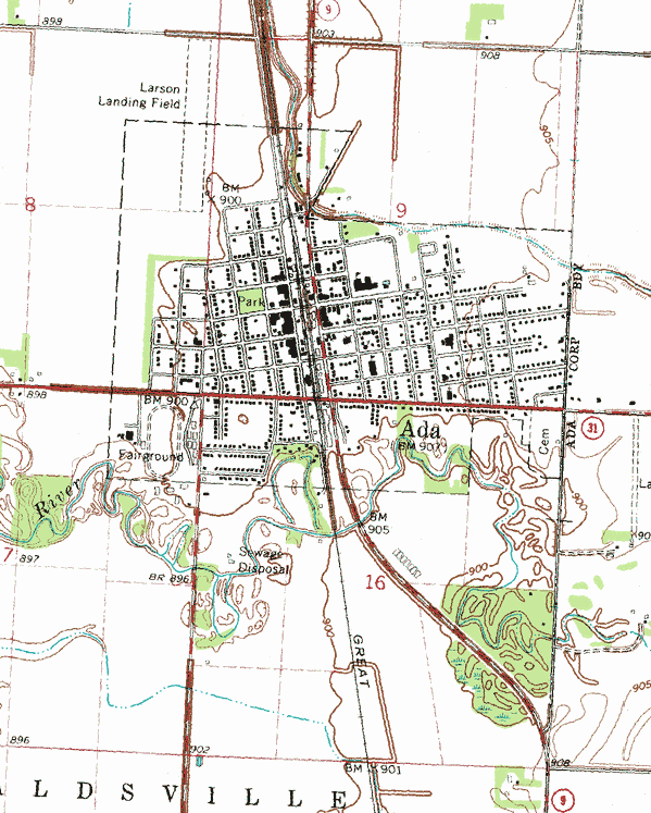 Topographic map of the Ada Minnesota area