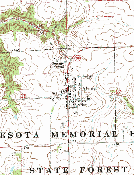 Topographic map of the Altura Minnesota area