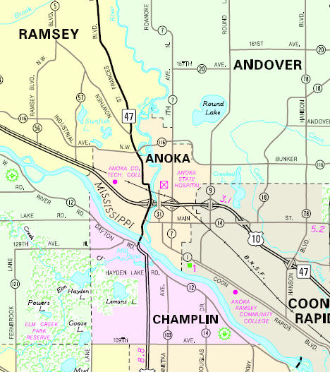 Minnesota State Highway Map of the Anoka Minnesota area